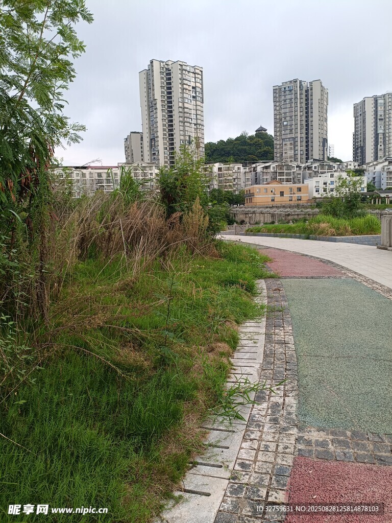 城郊小路旁的城市建筑景观