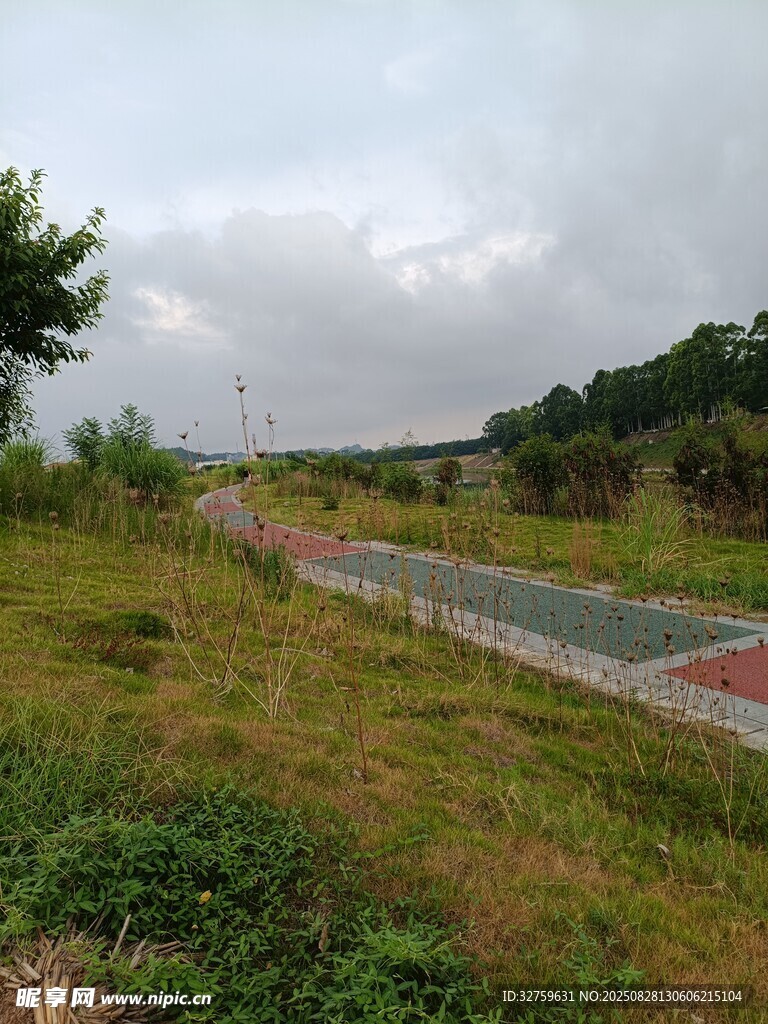 郊外草地旁的狭长建筑景观