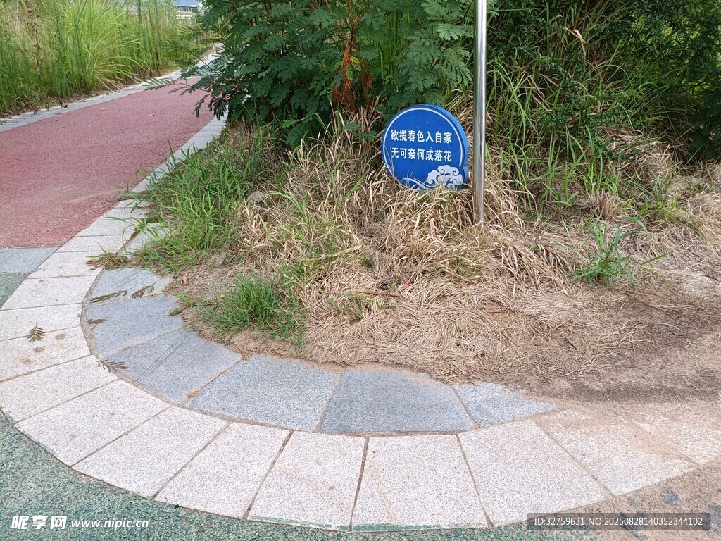 路边蓝色标识牌及周边景观