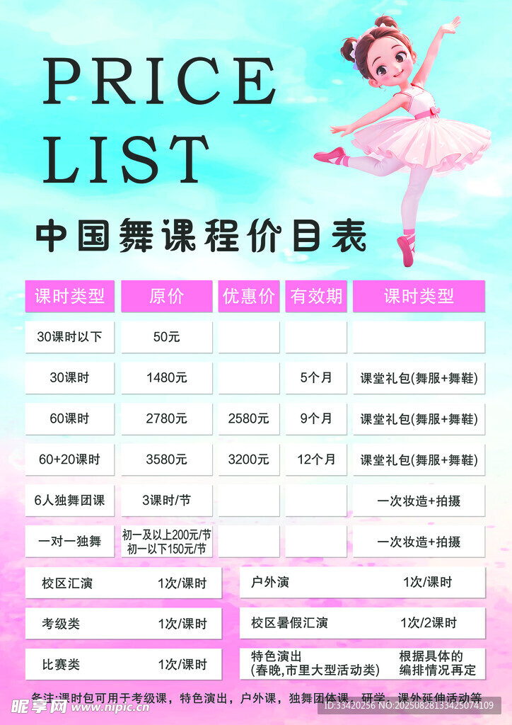 中国舞价格表  舞蹈课程分层图