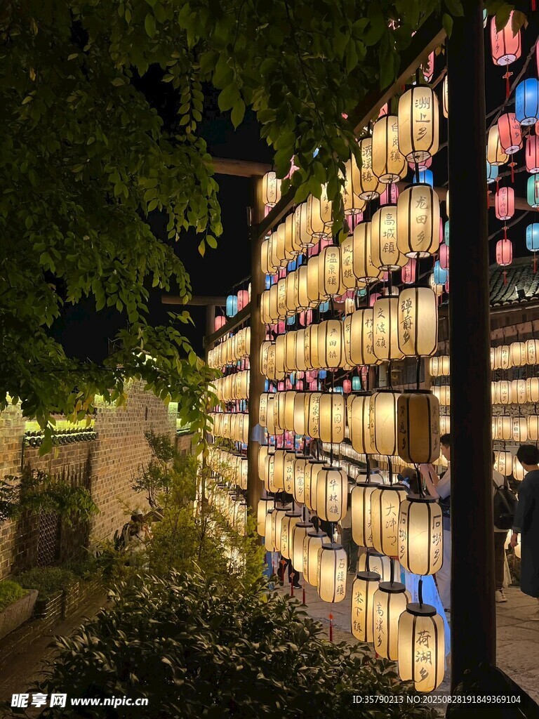 夜晚街边的璀璨灯笼景观