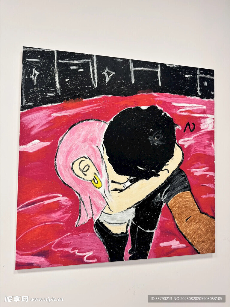 粉色系情侣拥抱艺术画作