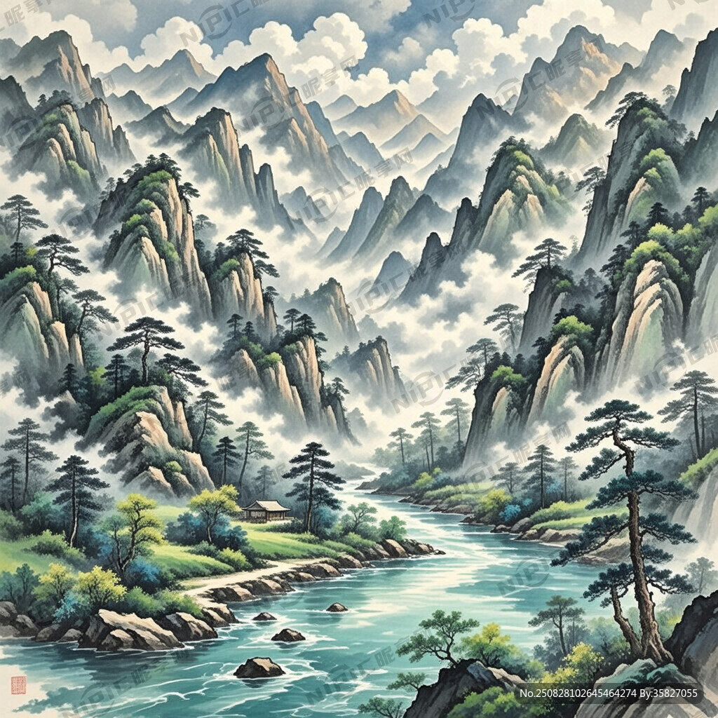 山谷 中国风 中国画 山水