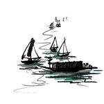 水墨风海上帆船写意画