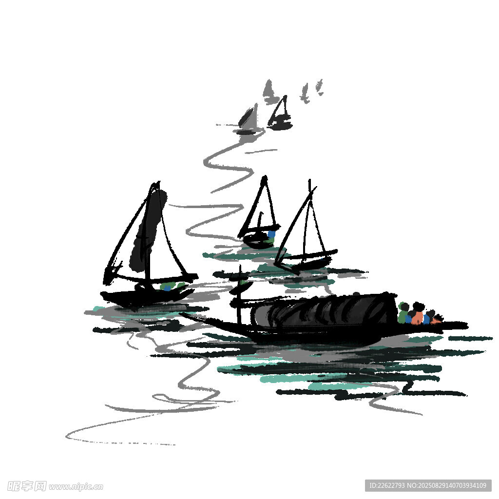 水墨风海上帆船写意画