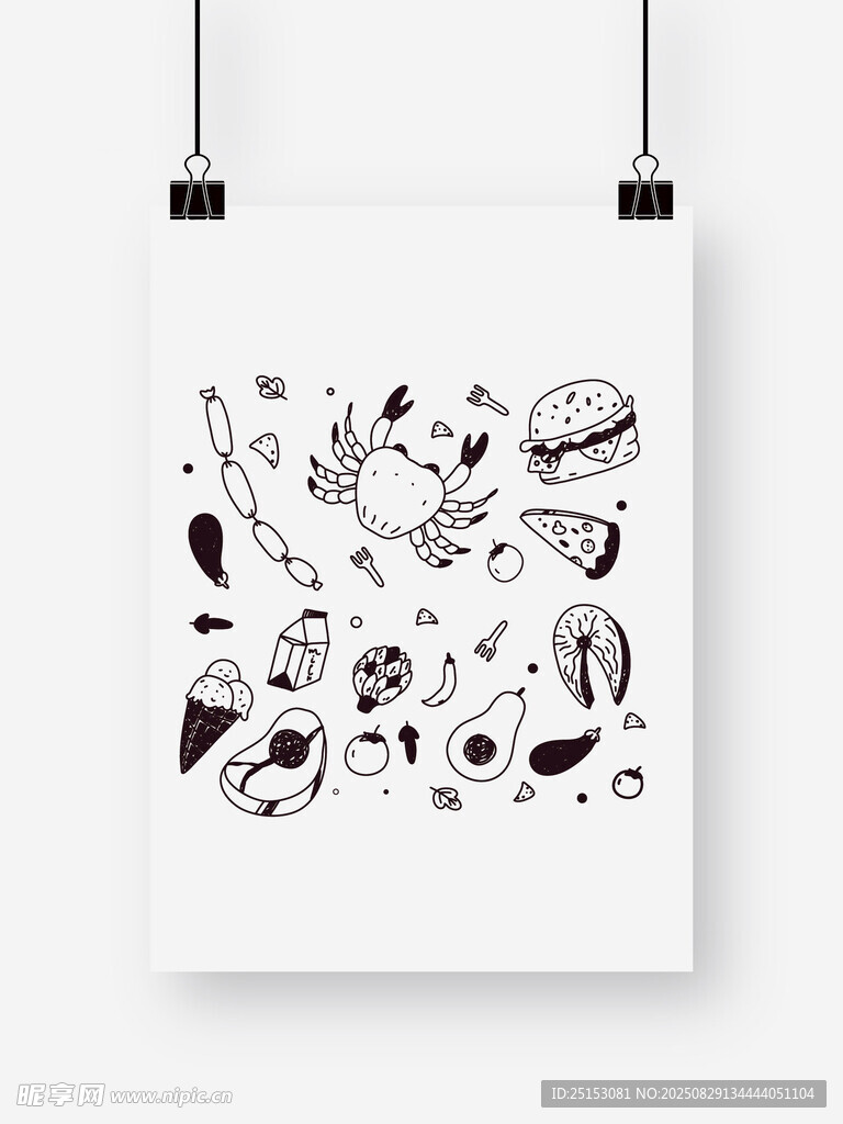 黑白手绘食物插画