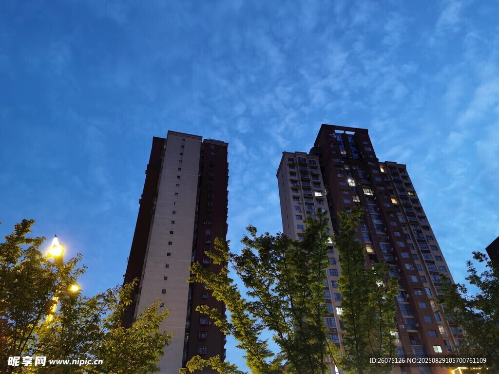 高楼林立间的蓝天绿树城市风光