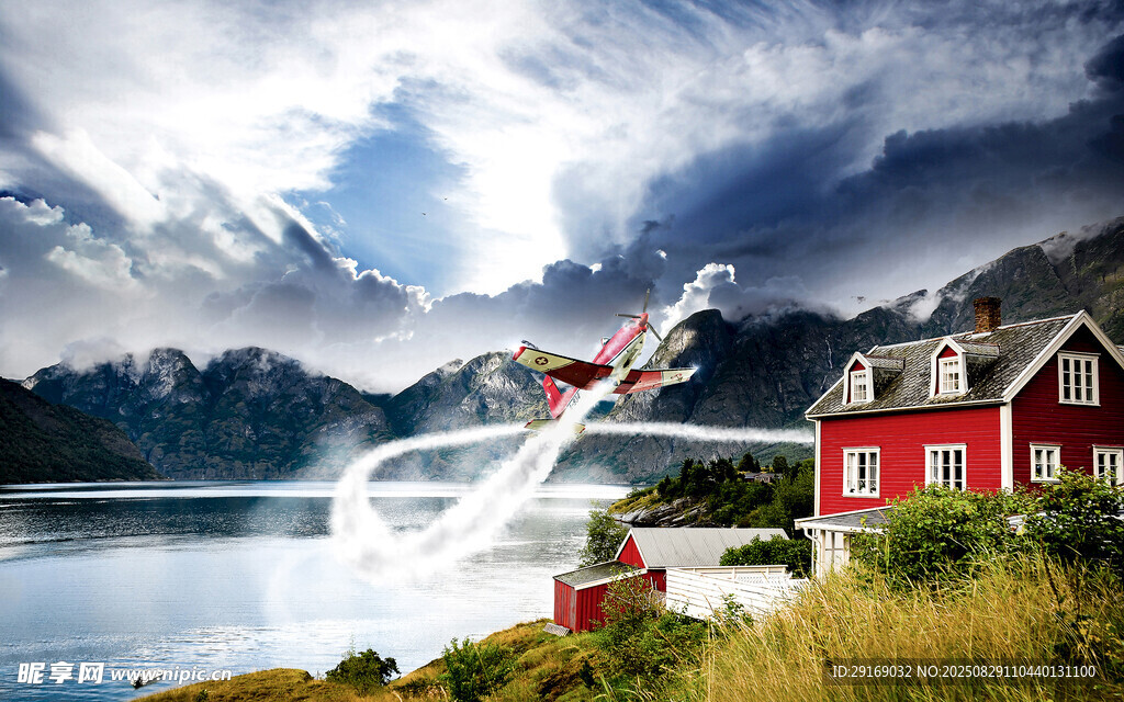 湖畔红屋与飞翔飞机美景