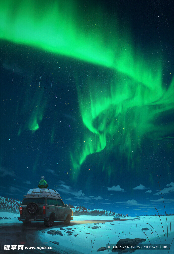 极光下的旷野车辆美景