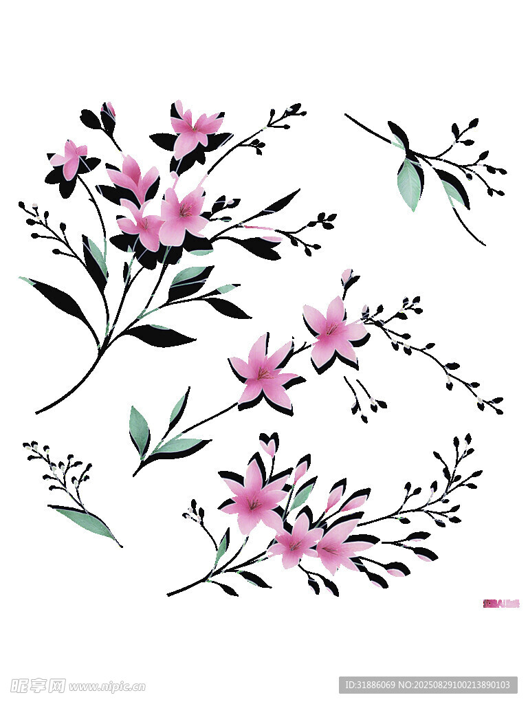手绘粉色花卉枝叶图案