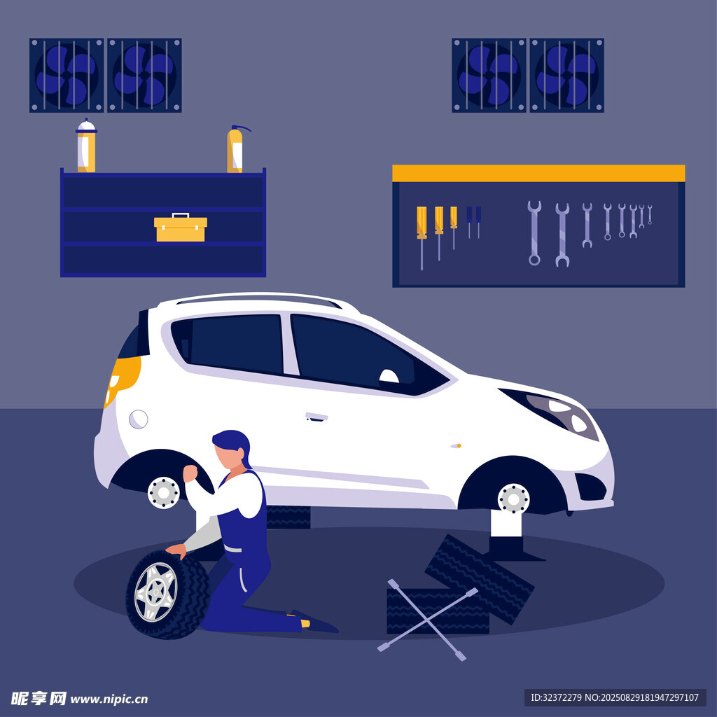 车库中工人维修白色轿车