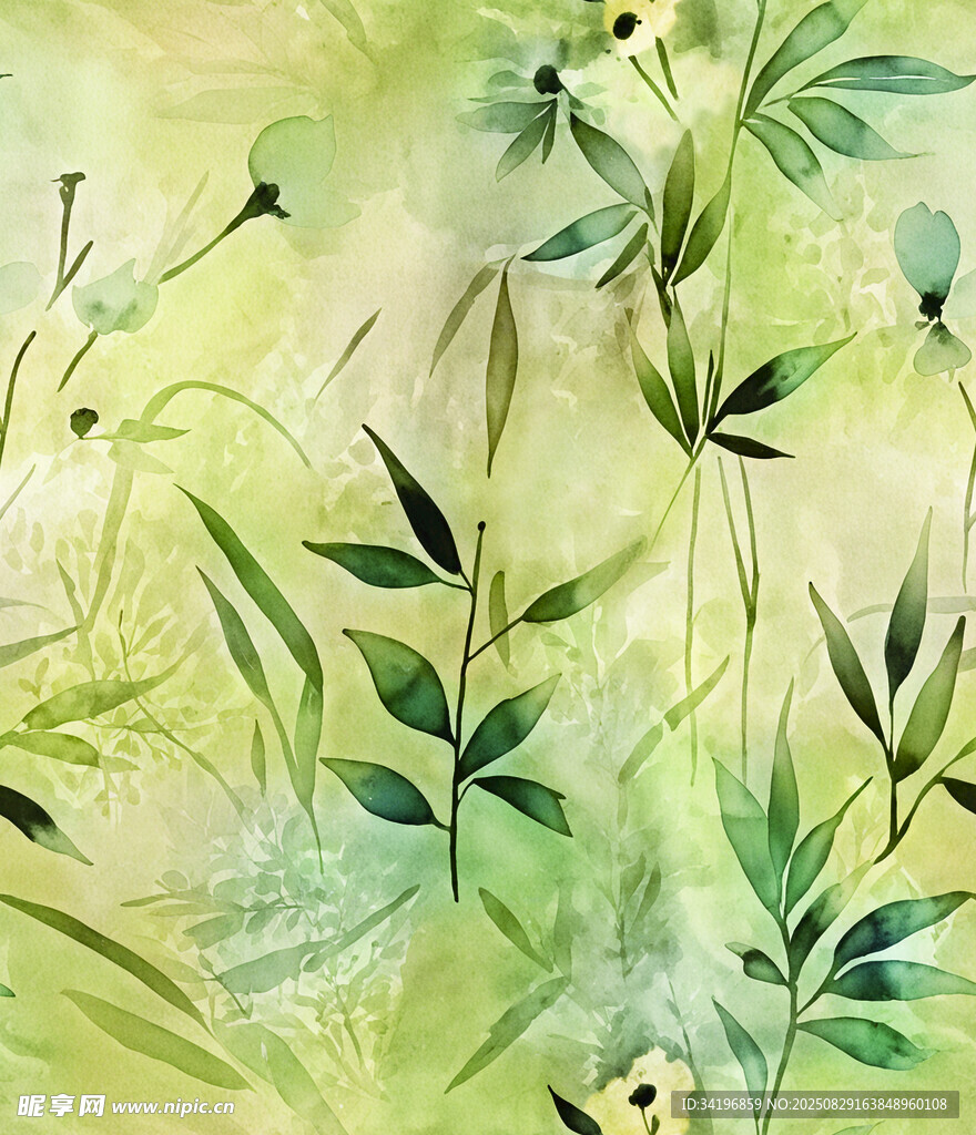 清新水彩绘就的绿植景致