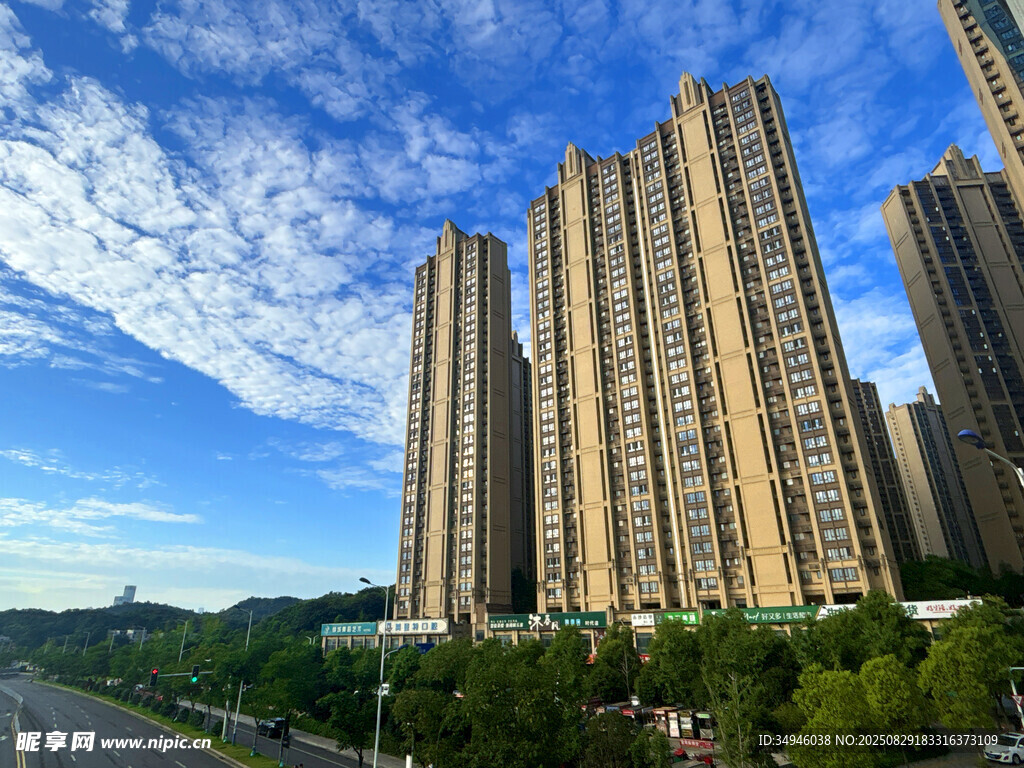 城市高楼与蓝天绿树景观