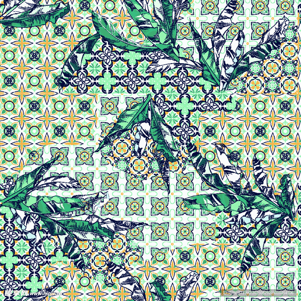 热带植物几何图案印花