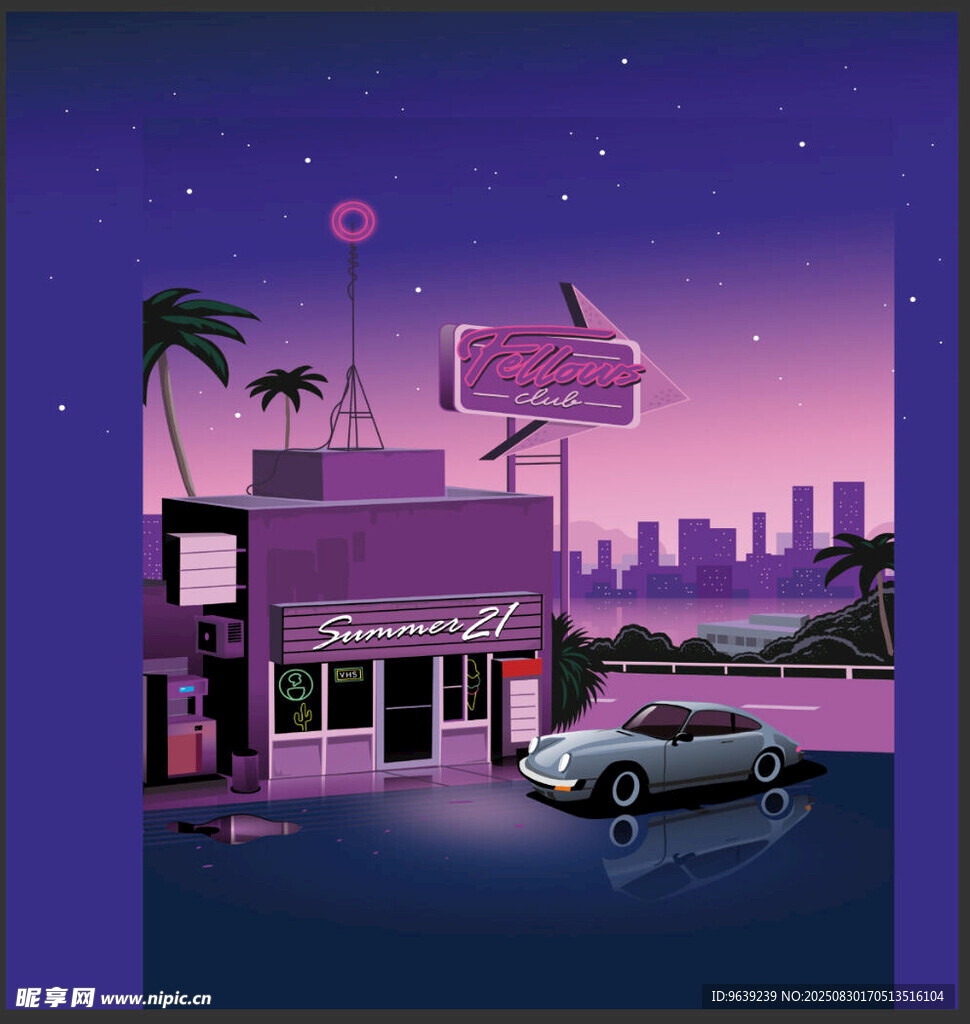 霓虹夜色复古汽车