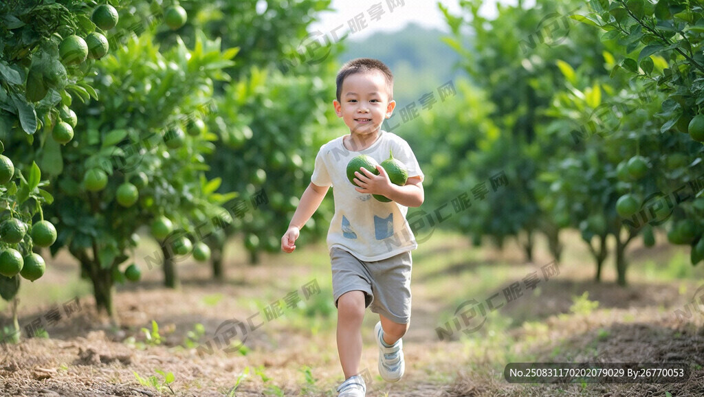 小孩子 抱个广东香水柠檬在跑