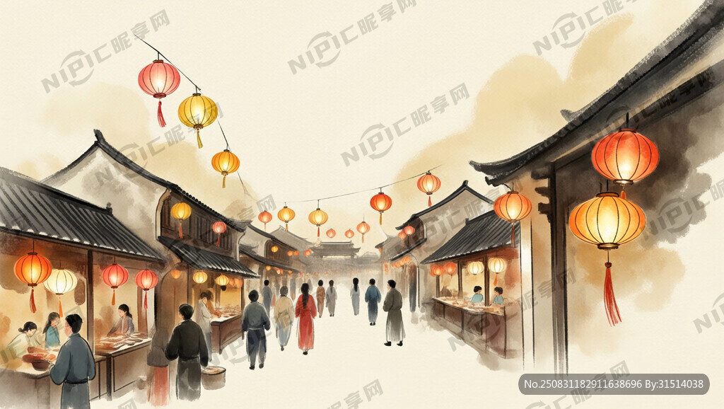 古风 横版长图 灯火阑珊 简约