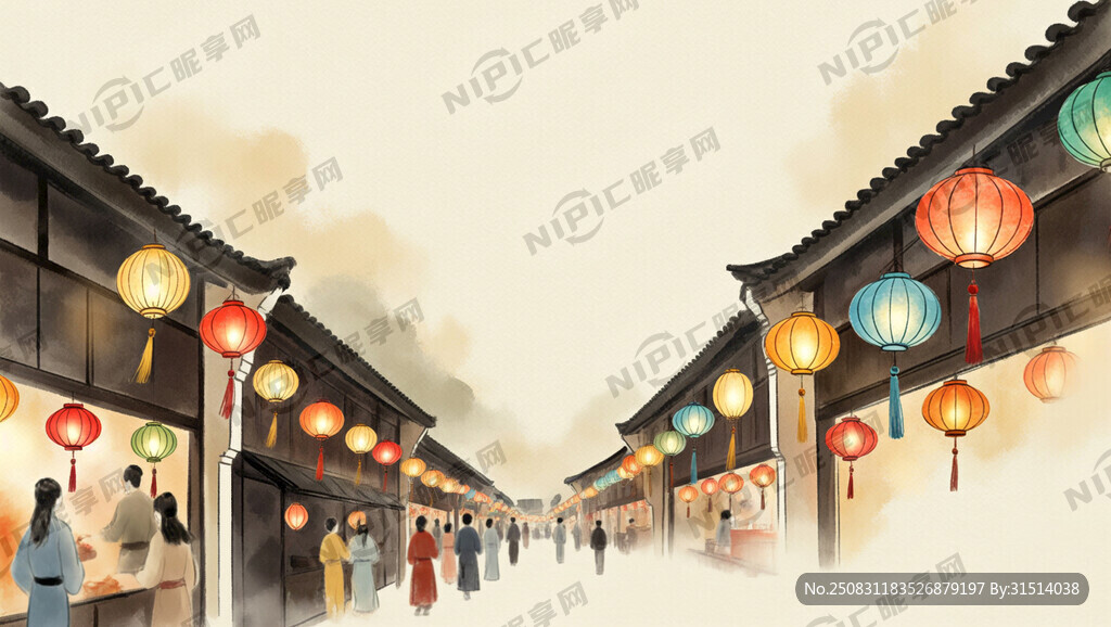 古风 横版细长图 灯火阑珊