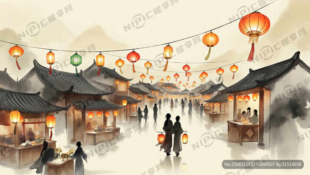 古风 横版细长图 灯火阑珊