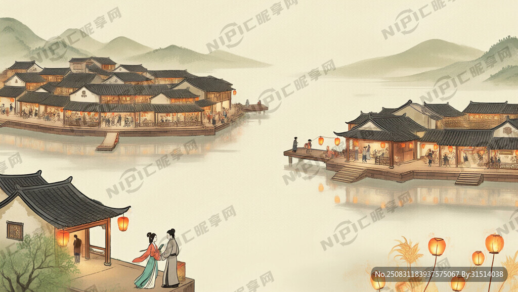 古风 横版细长图 灯火阑珊
