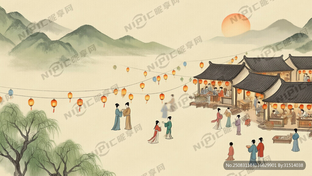 古风 横版细长图 灯火阑珊