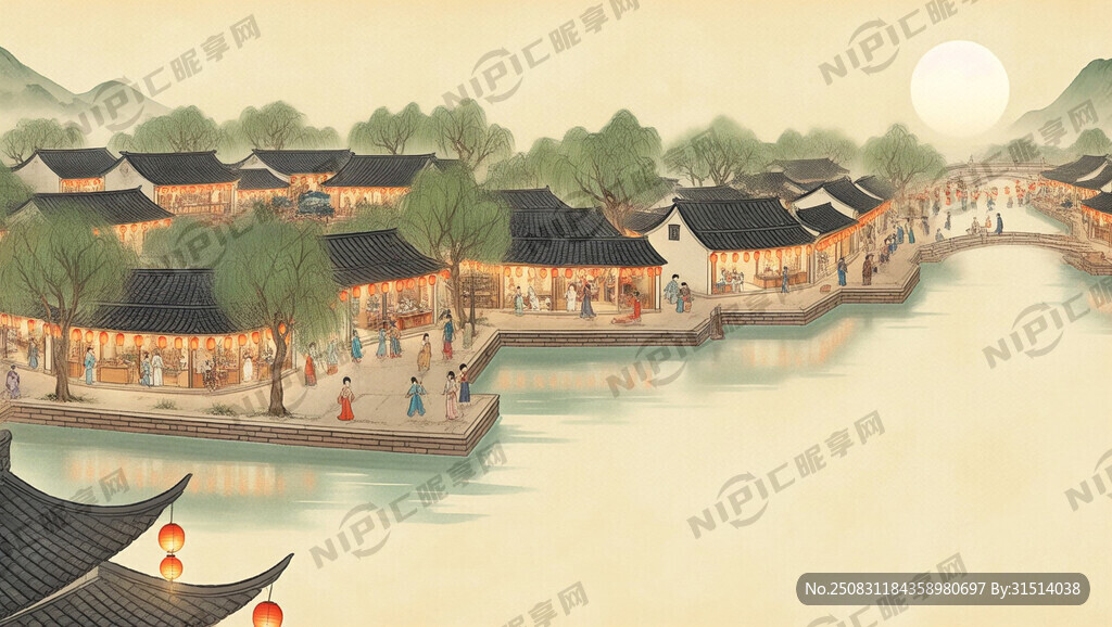 古风 横版细长图 灯火阑珊