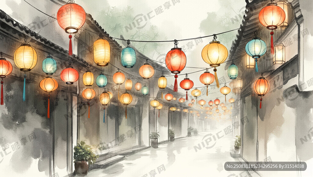 古风 横版细长图 灯火阑珊