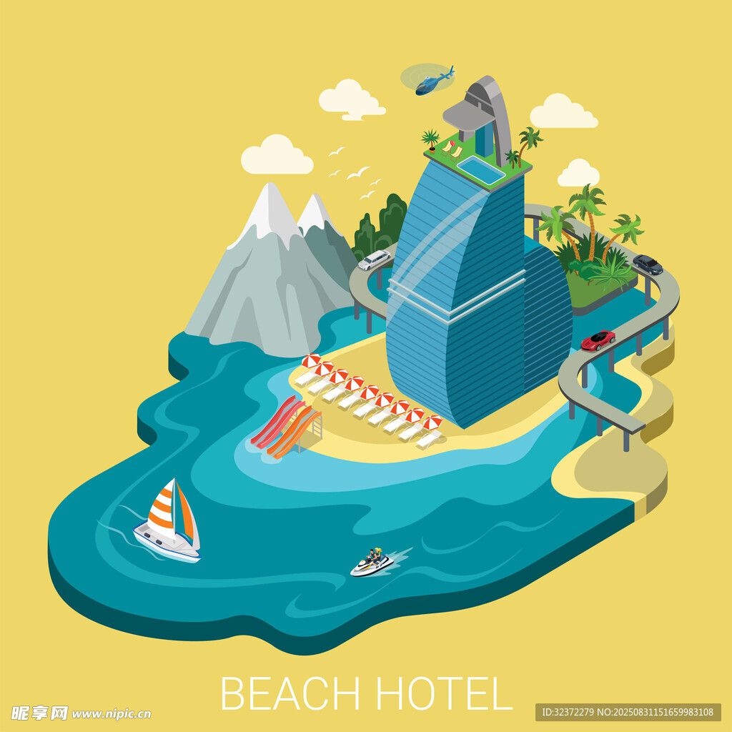 海滨酒店度假场景插画
