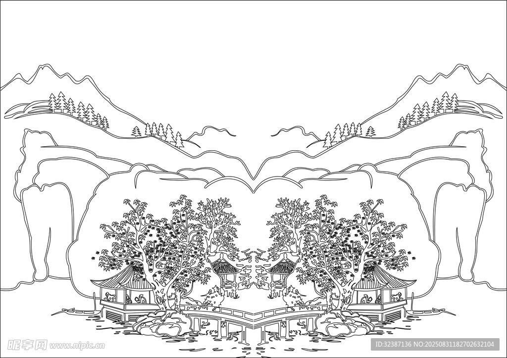 山水植物线描风景图