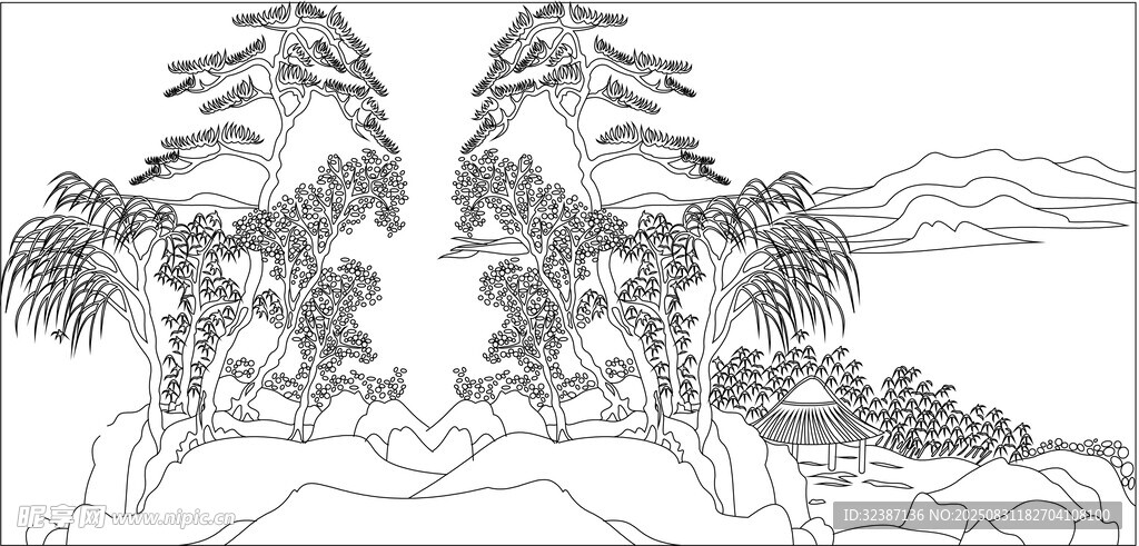 水墨山水松树线描图