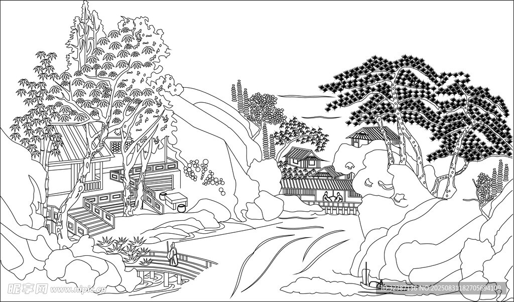 山水风景线描图