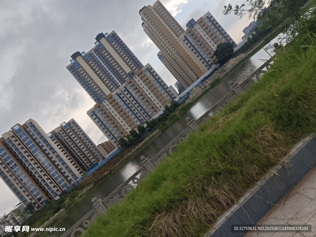 河畔高楼林立的城市景观
