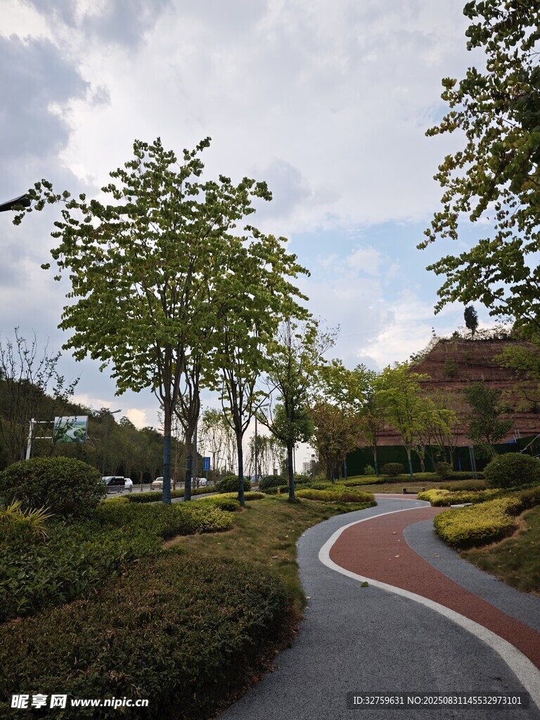 城市公园中的蜿蜒多彩步道