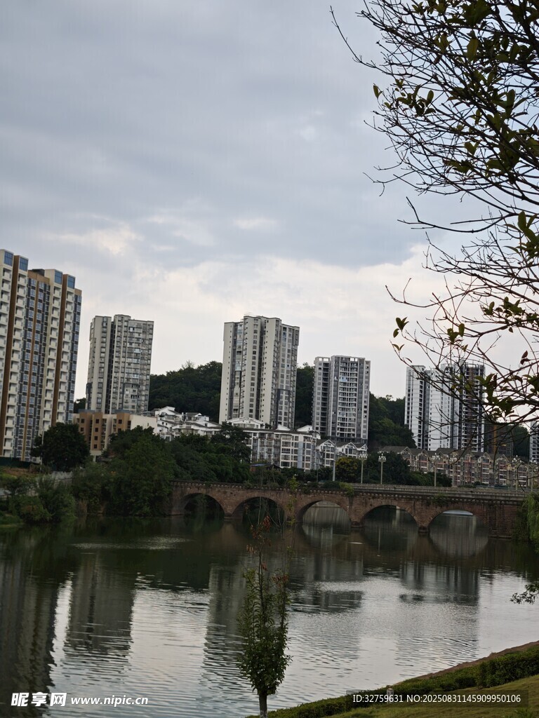 湖畔高楼林立的城市景致