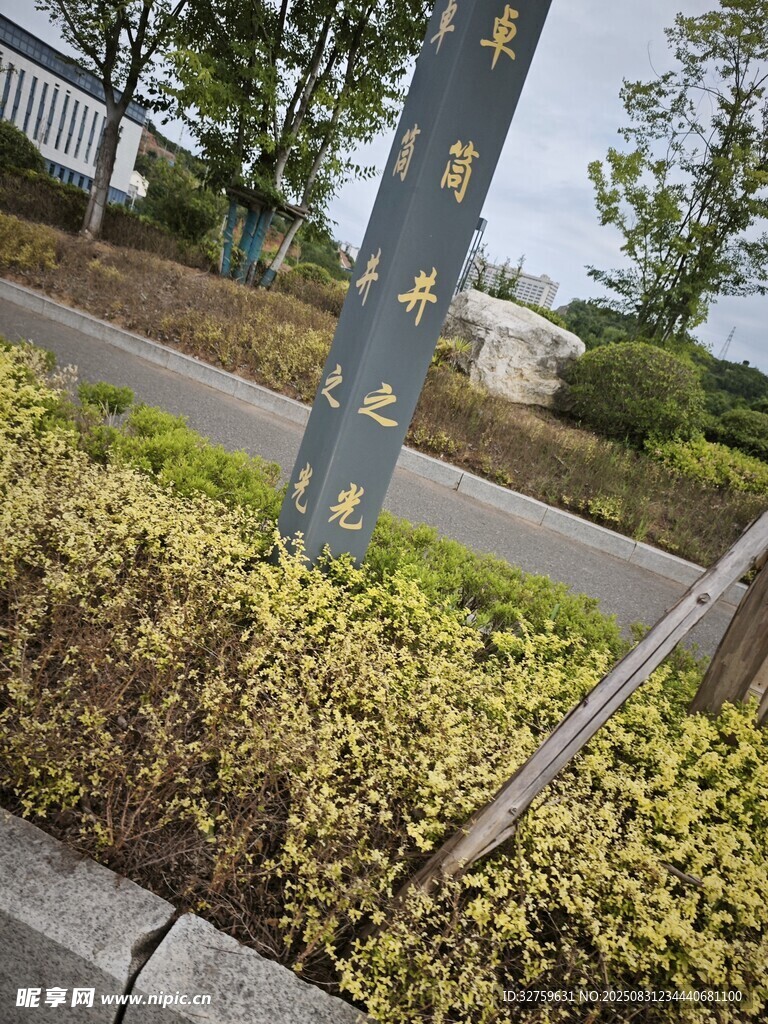 路边绿植中的指示牌