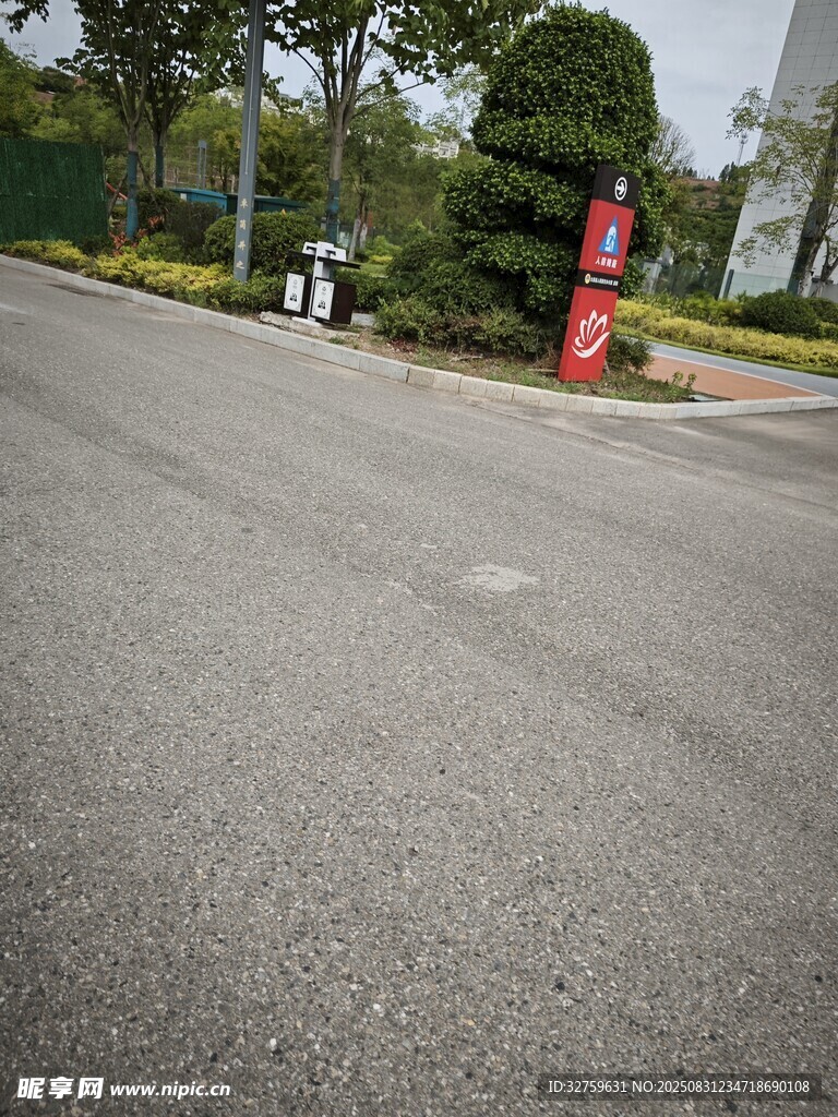 空旷街道旁的绿植与标识牌