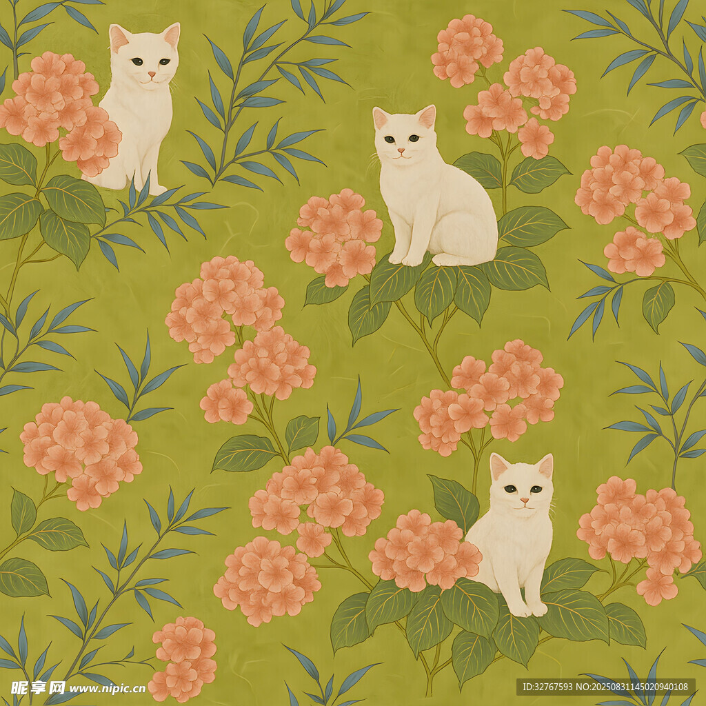猫咪与花卉的清新图案