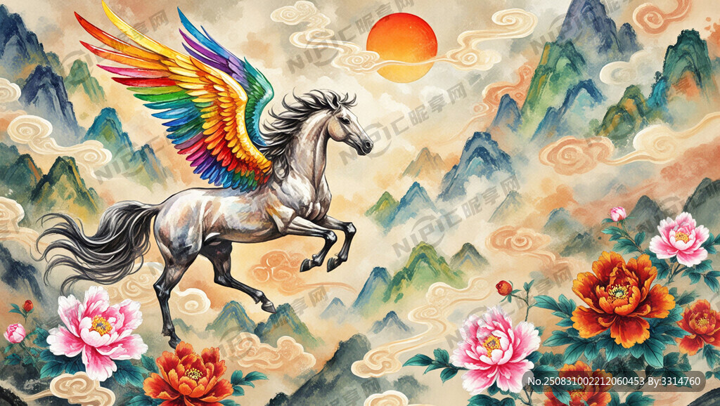 祥云 七彩翅膀骏马 油墨画