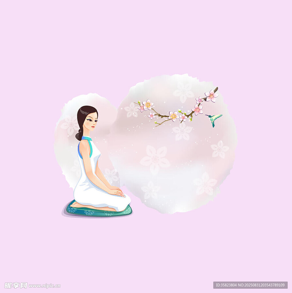古风女子伴月赏桃花