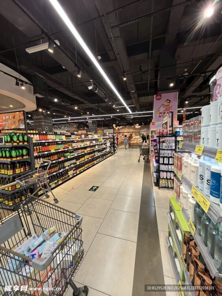 超市内部货架与购物车景象
