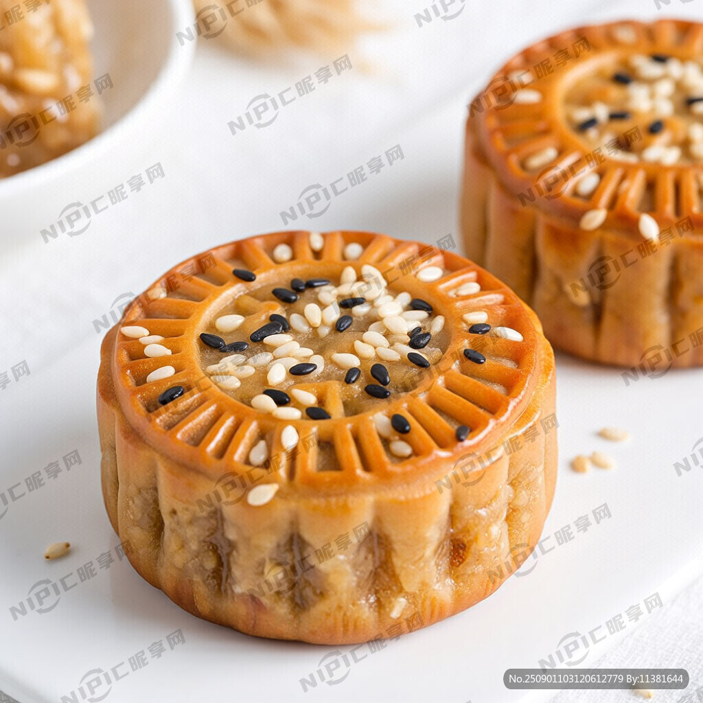 单独2个月饼上面撒有芝麻的图片