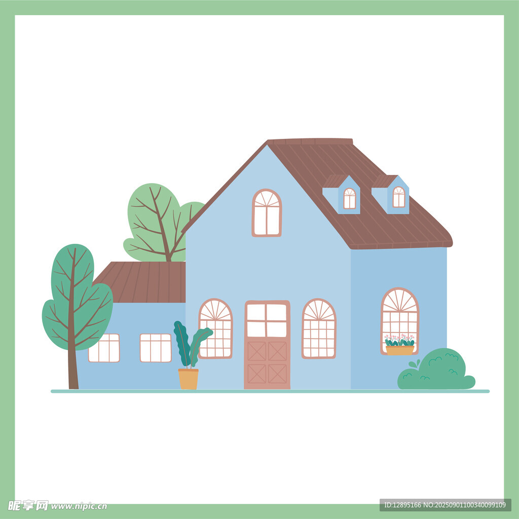 蓝色小屋与绿植景观