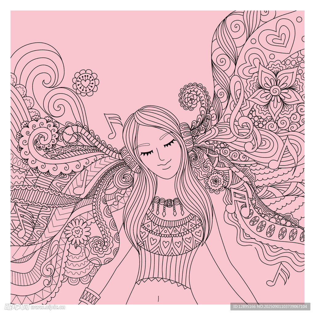梦幻花纹装饰的唯美少女