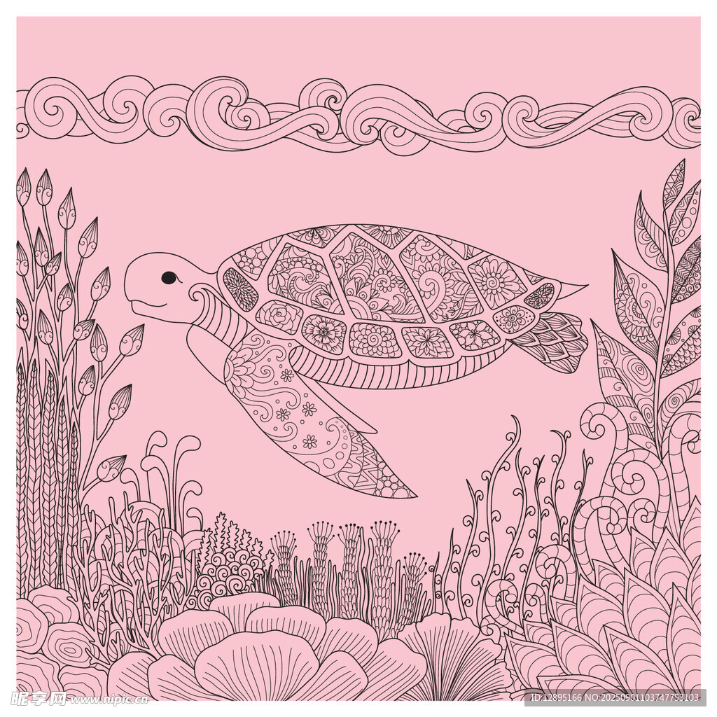 粉色海洋中的海龟插画