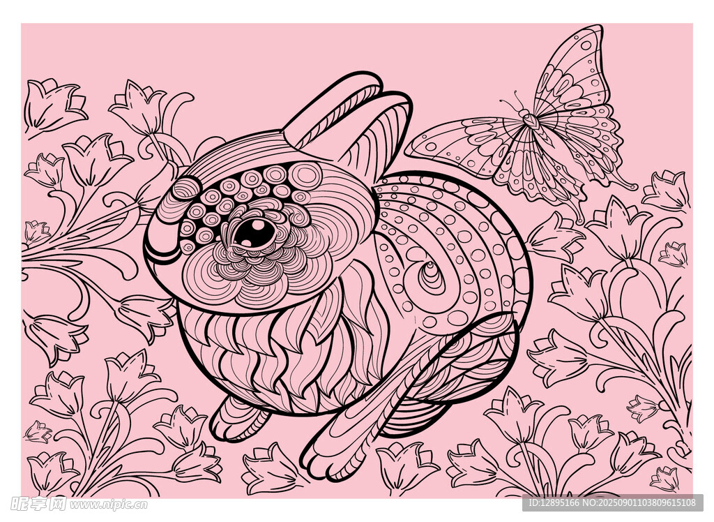 手绘兔子与蝴蝶插画