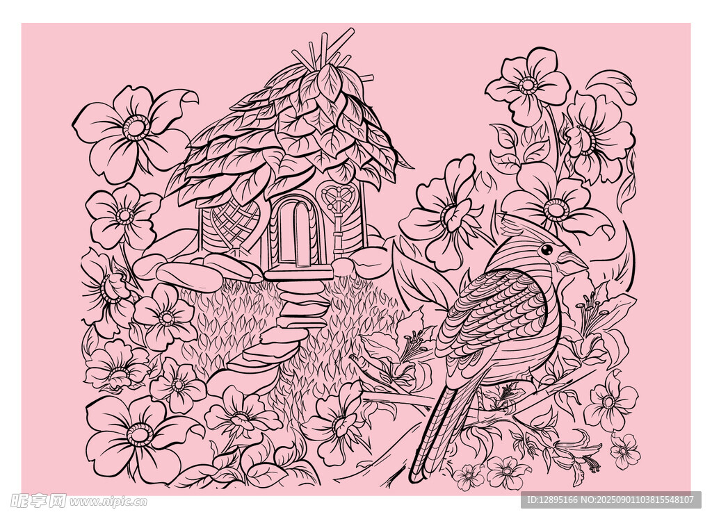 手绘乡村小屋与鸟的图景