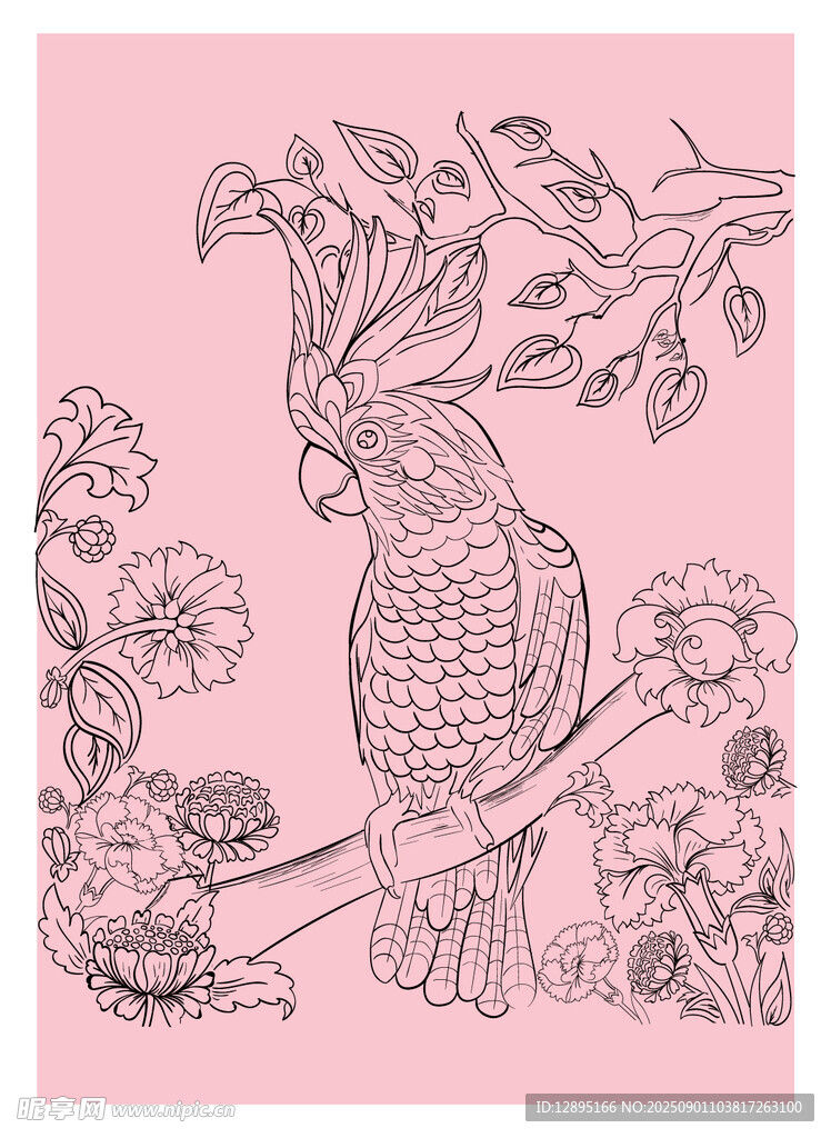 粉色背景上的鹦鹉花卉图案