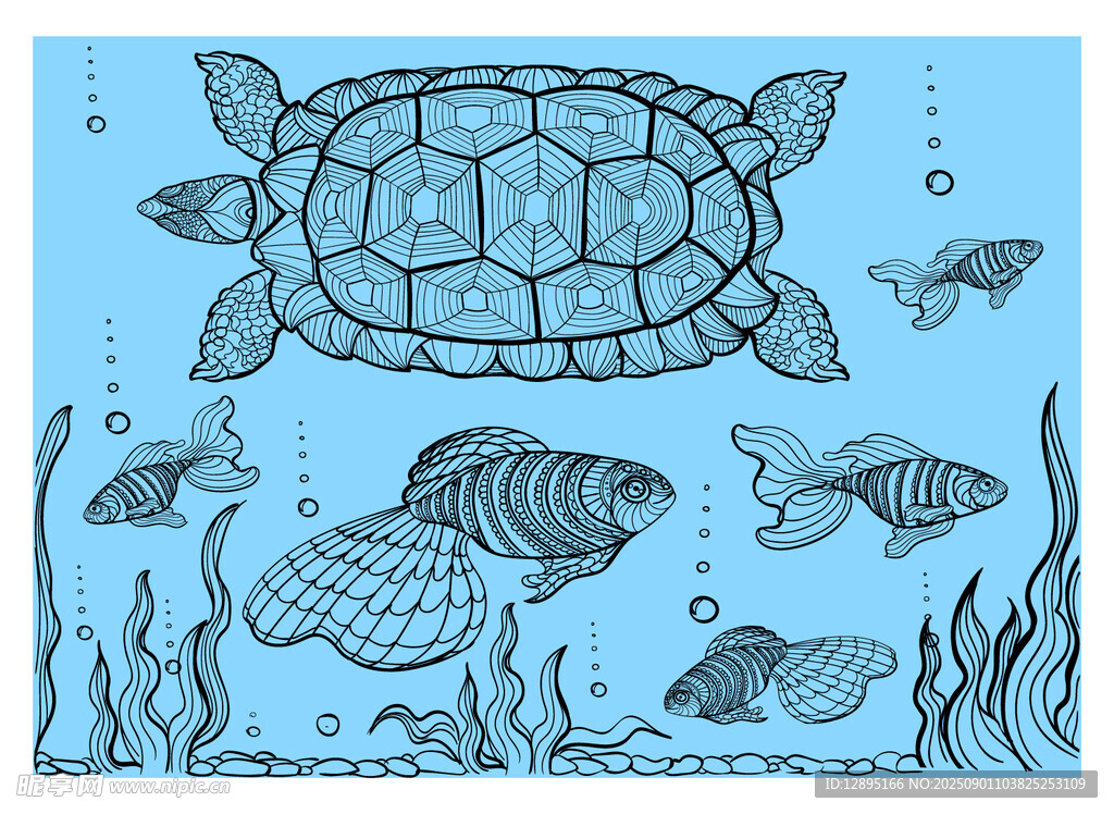 海底龟鱼共游插画