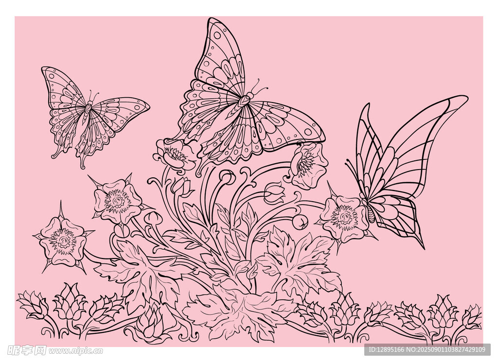 蝴蝶花卉线条艺术插画