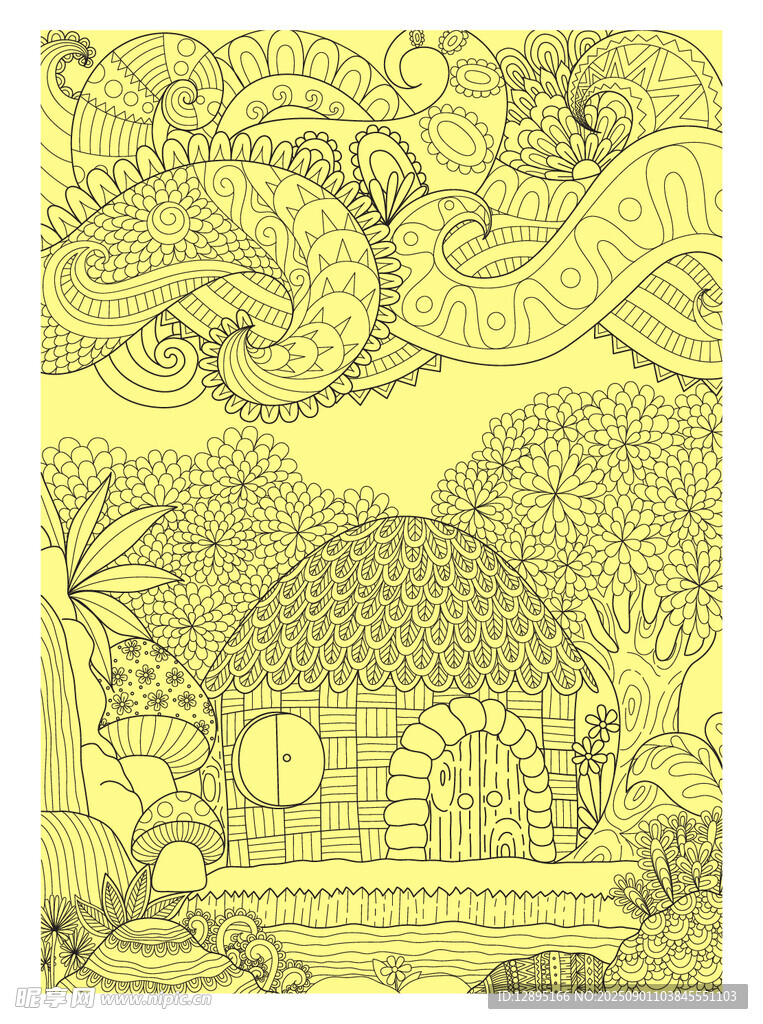 手绘梦幻小屋风景图